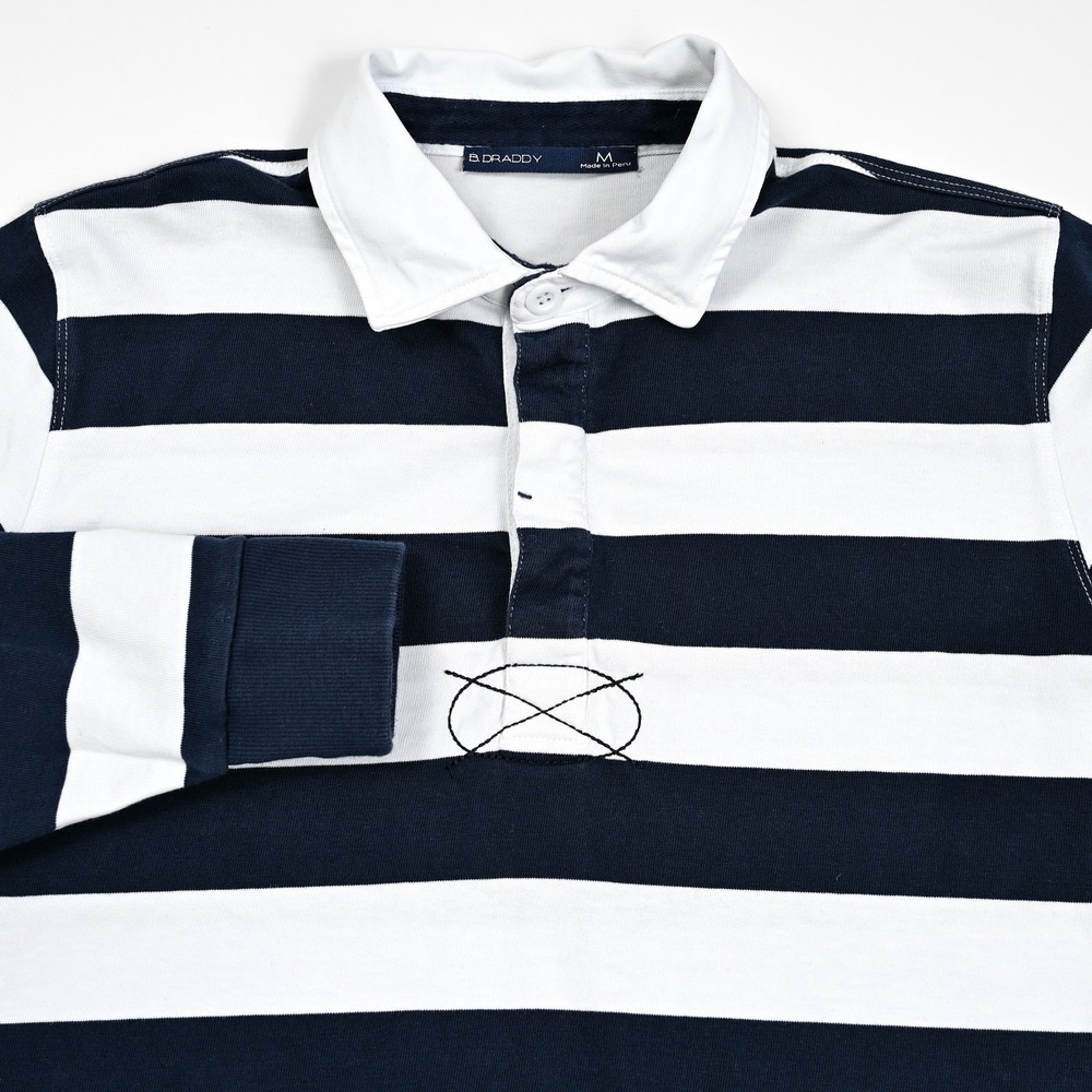 B Draddy Men's Medium Rugby Polo Shirt White and Blue‎ Pima Cotton Long Sleeve